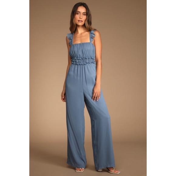 Lulus Pants - Lulu’s Stun with Elegance Slate Blue Ruffled Tie-Back Wide-Leg Jumpsuit Sz L